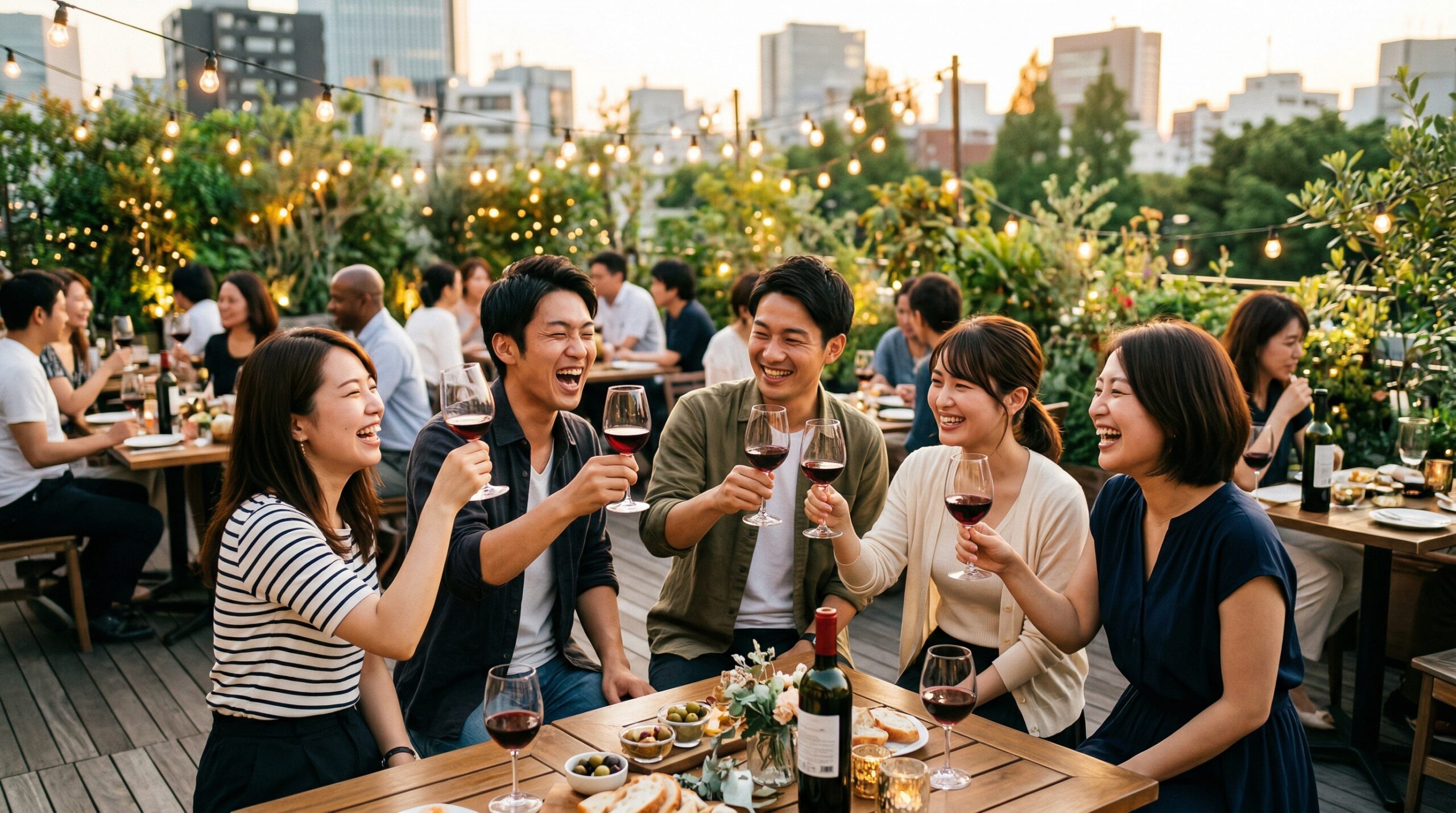 テラスで乾杯を楽しむ初心者たち