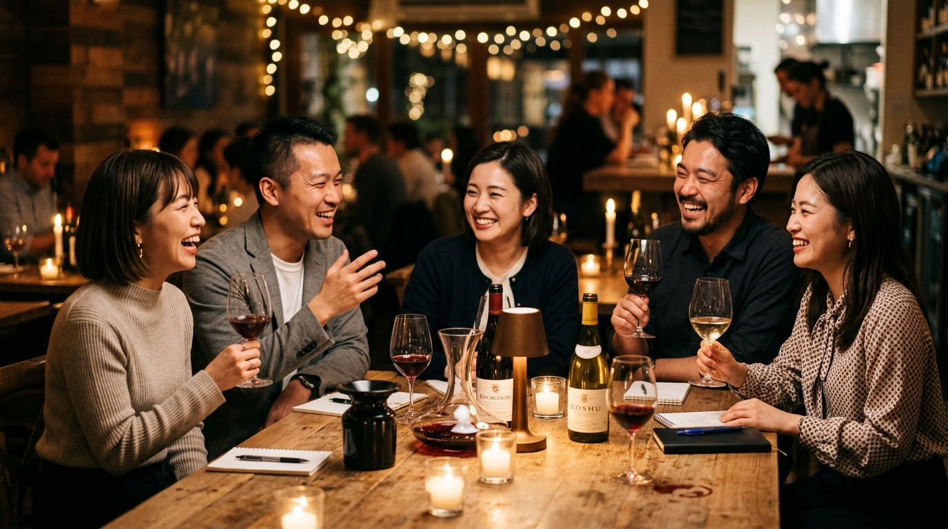 ワイン会で談笑する初心者の参加者たち