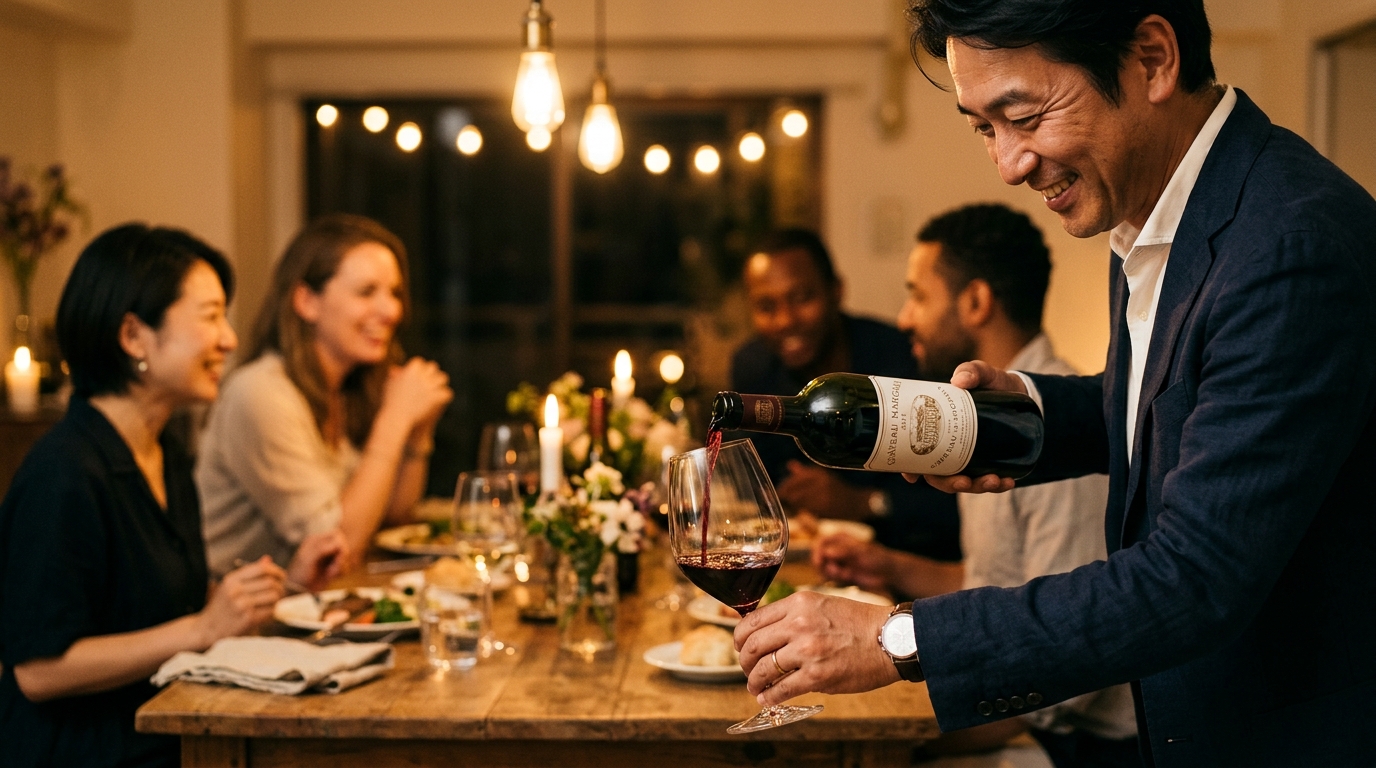 ゲストにワインを注ぐ主催者