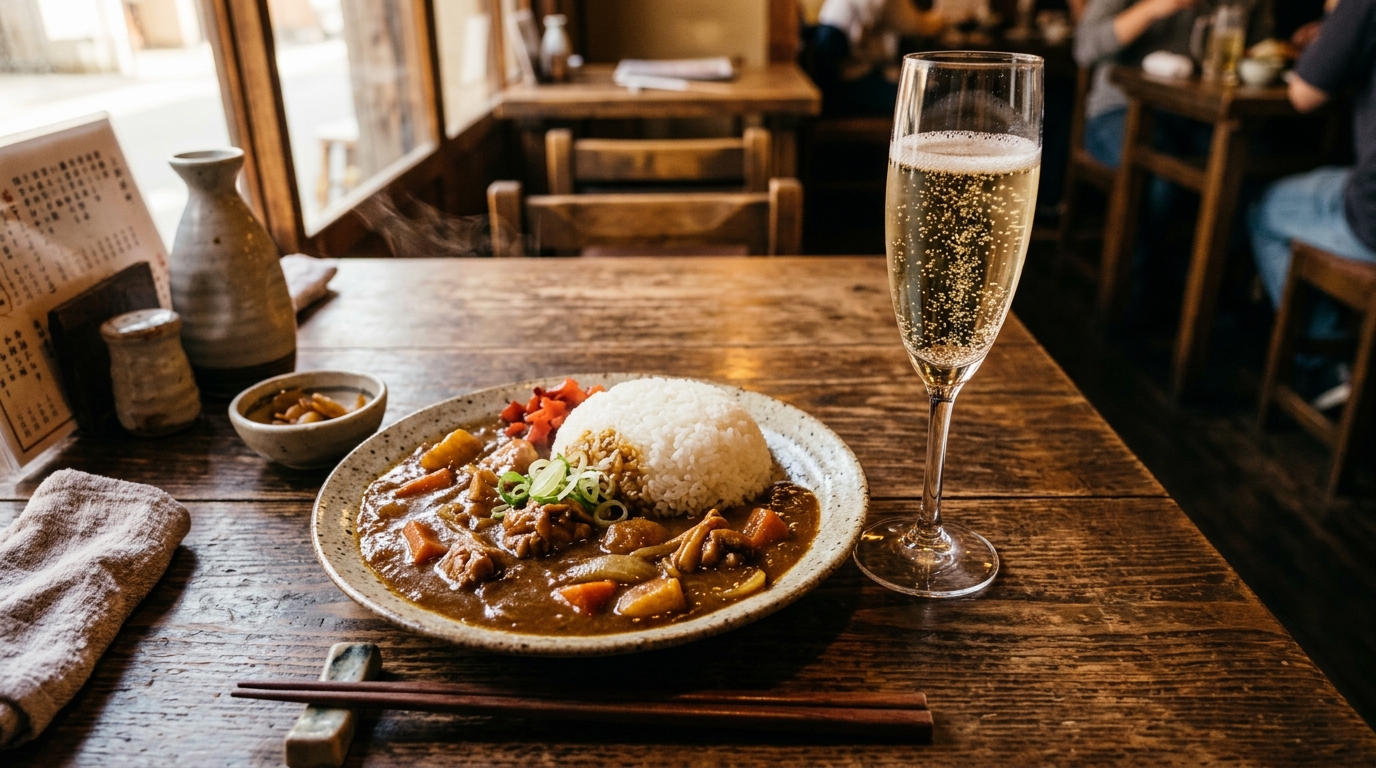 カレーとシャンパーニュが並ぶテーブル