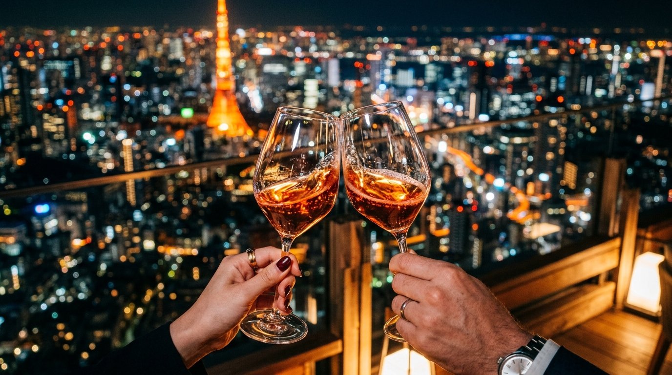 夜の東京で交わすワイングラスの乾杯