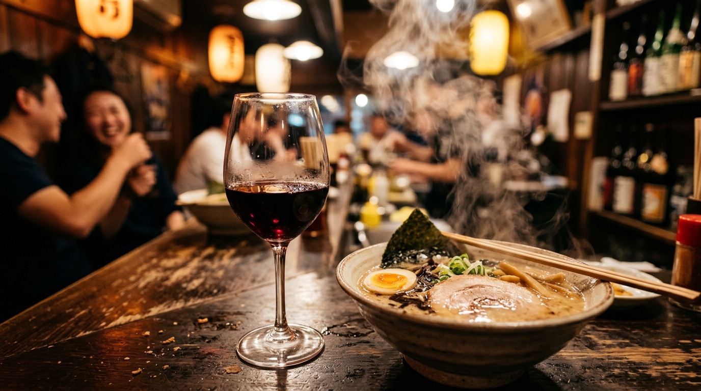 ワイングラスとラーメンの共演