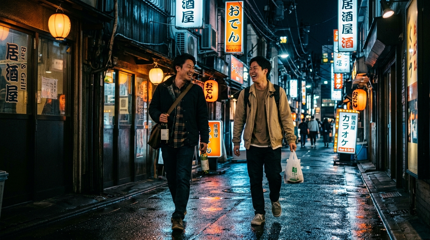 深夜の東京を歩く友人たち