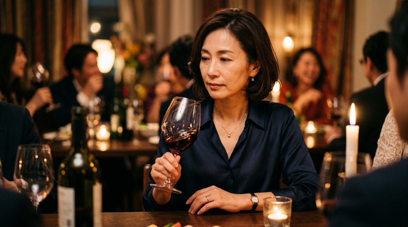 ワインを味わい深く思考する女性