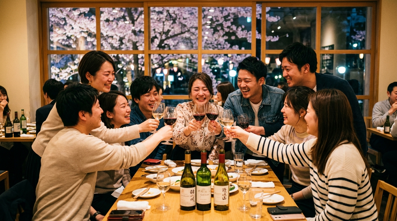 春の夕暮れに乾杯する仲間たち