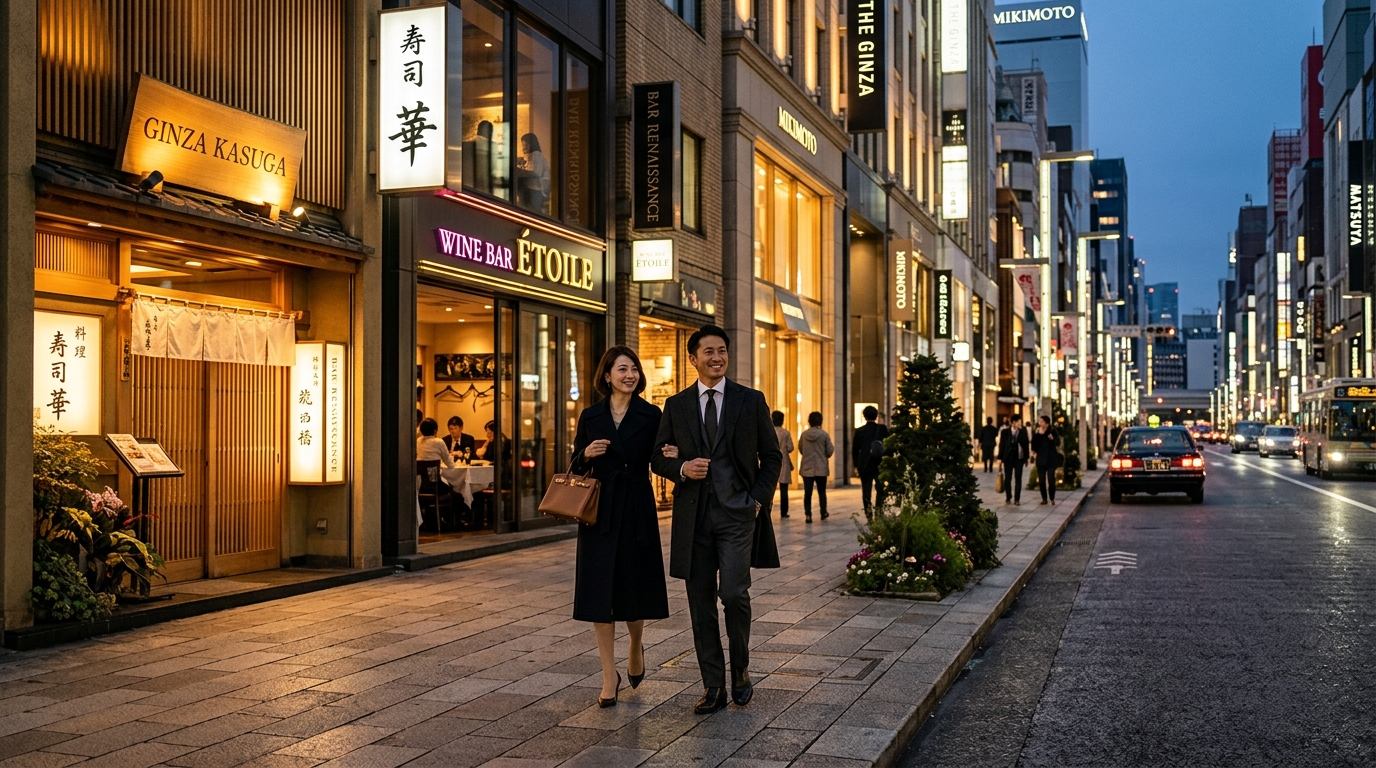銀座の高級レストラン街の夕景