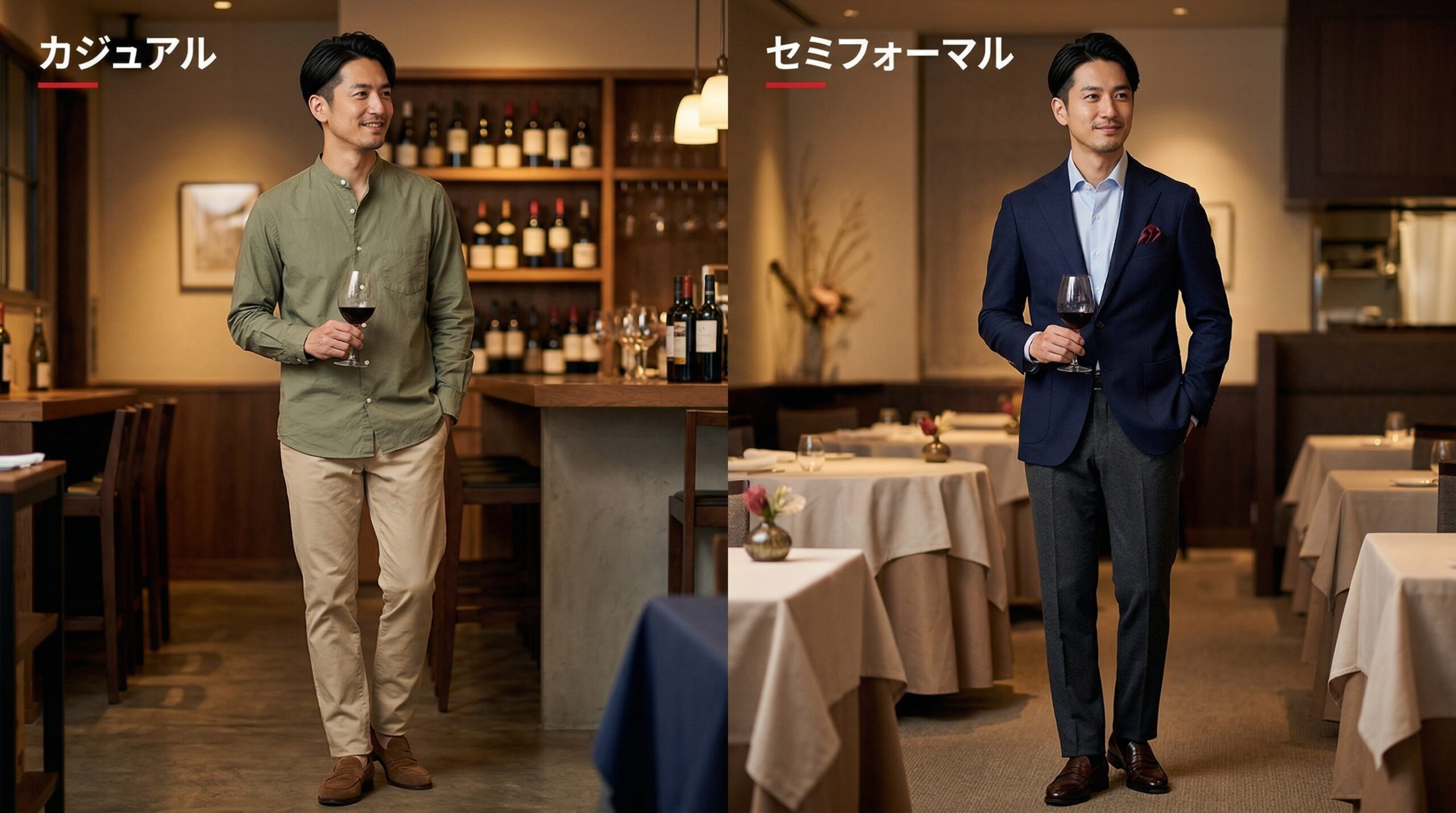 ジャケットの着こなし比較 - カジュアルvsセミフォーマル