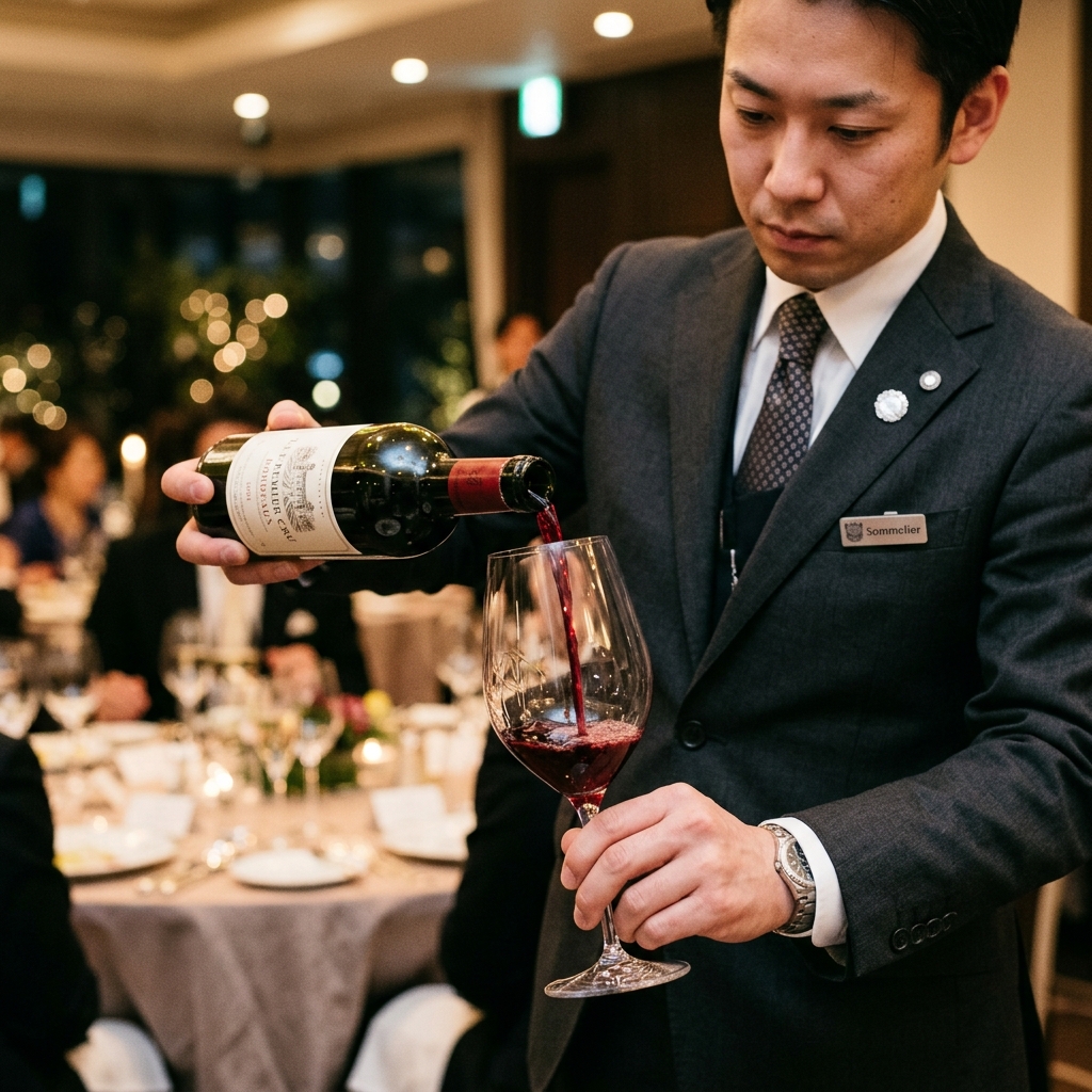 ワインをグラスに注ぐソムリエ
