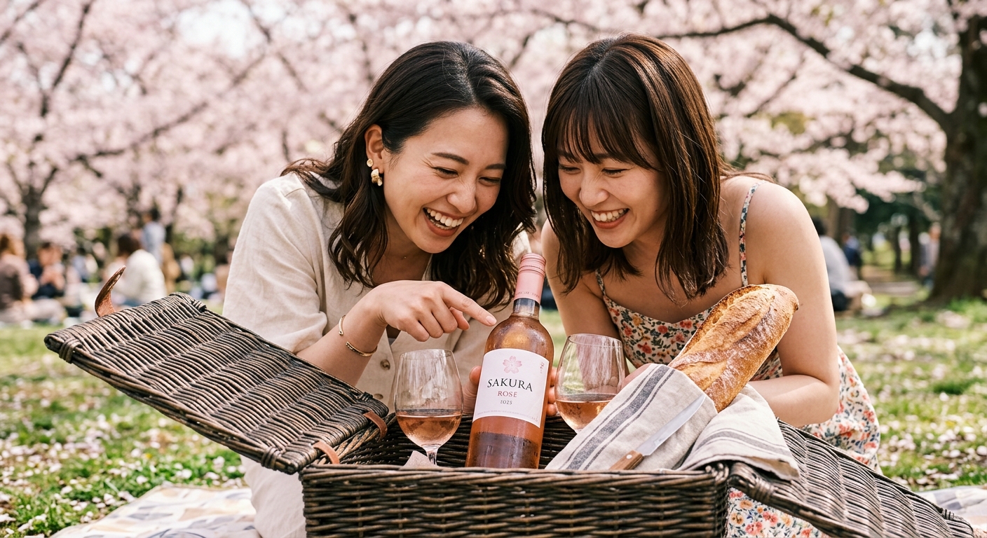 ピクニックバスケットを覗き込む日本人の友人同士