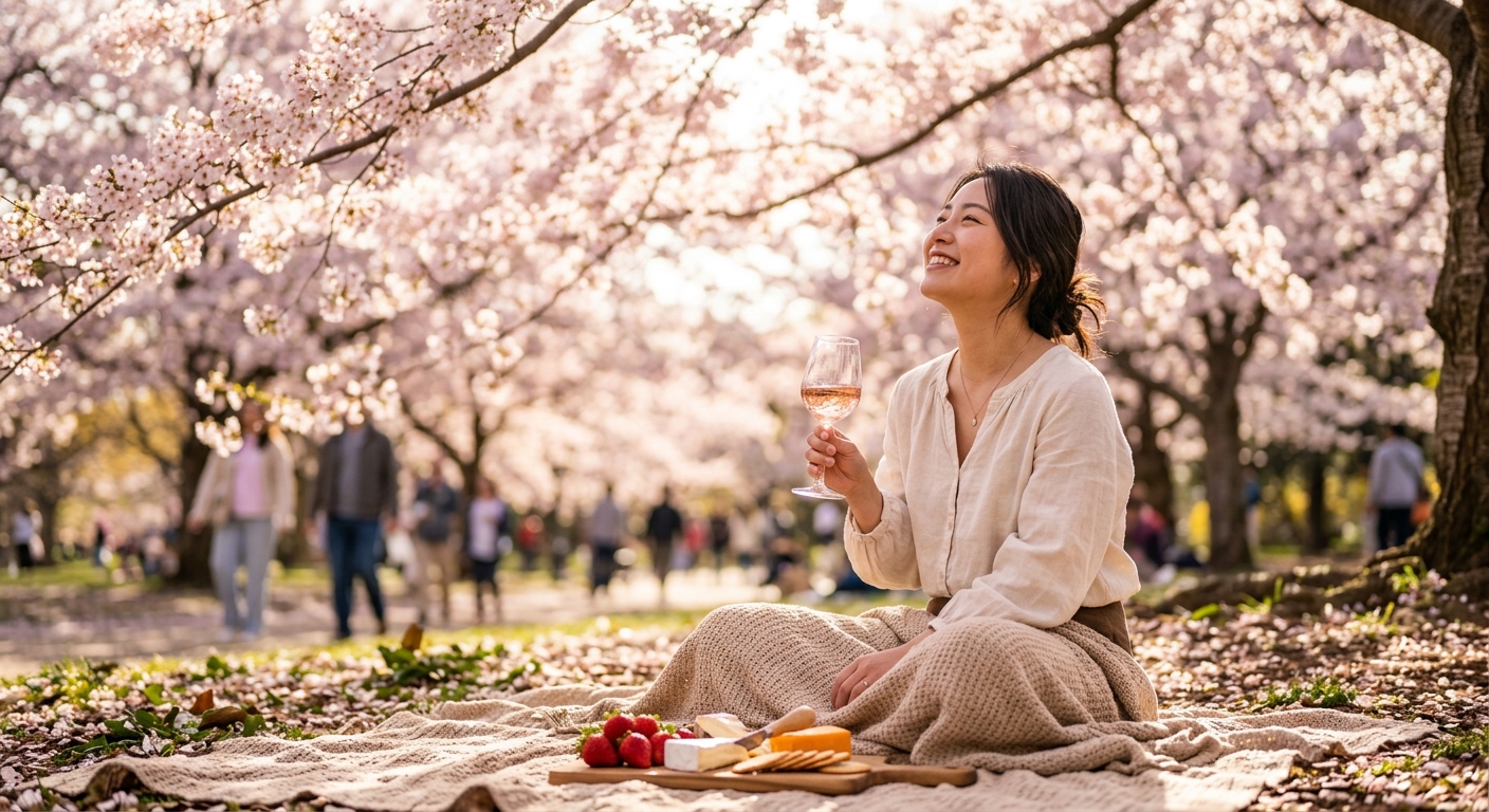 満開の桜の下でロゼワインを楽しむ日本人女性