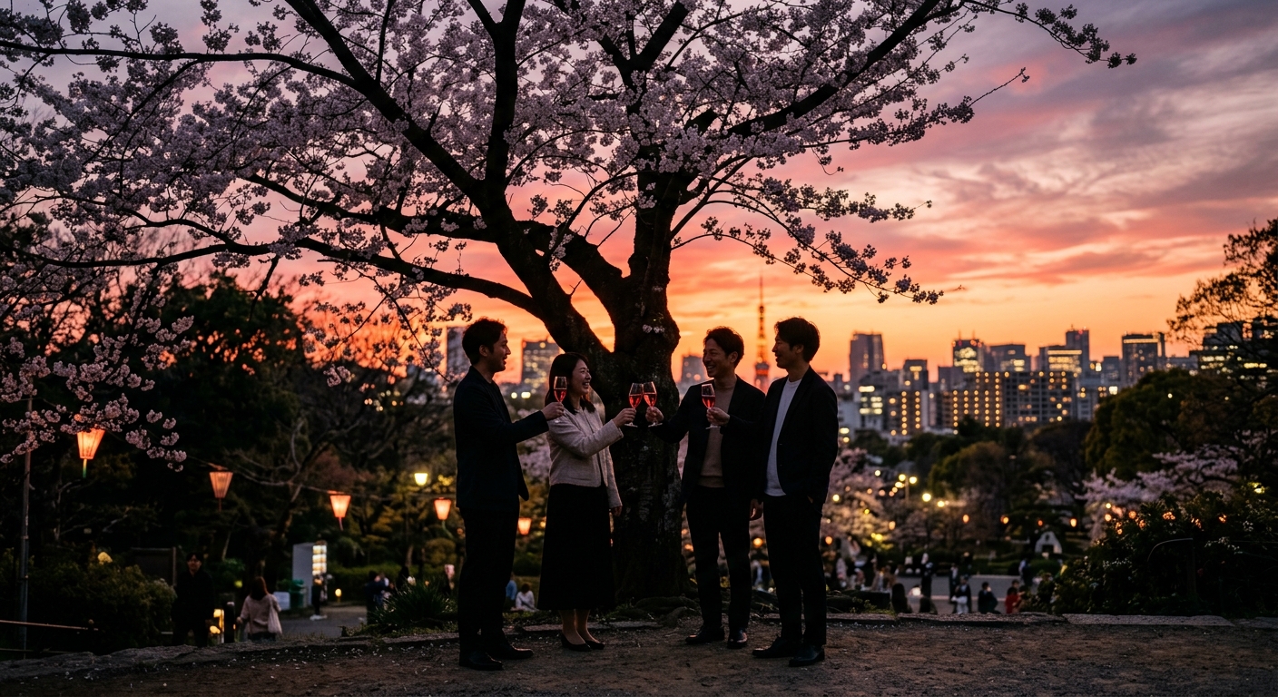 夕暮れ時の東京の公園での桜とロゼワイン