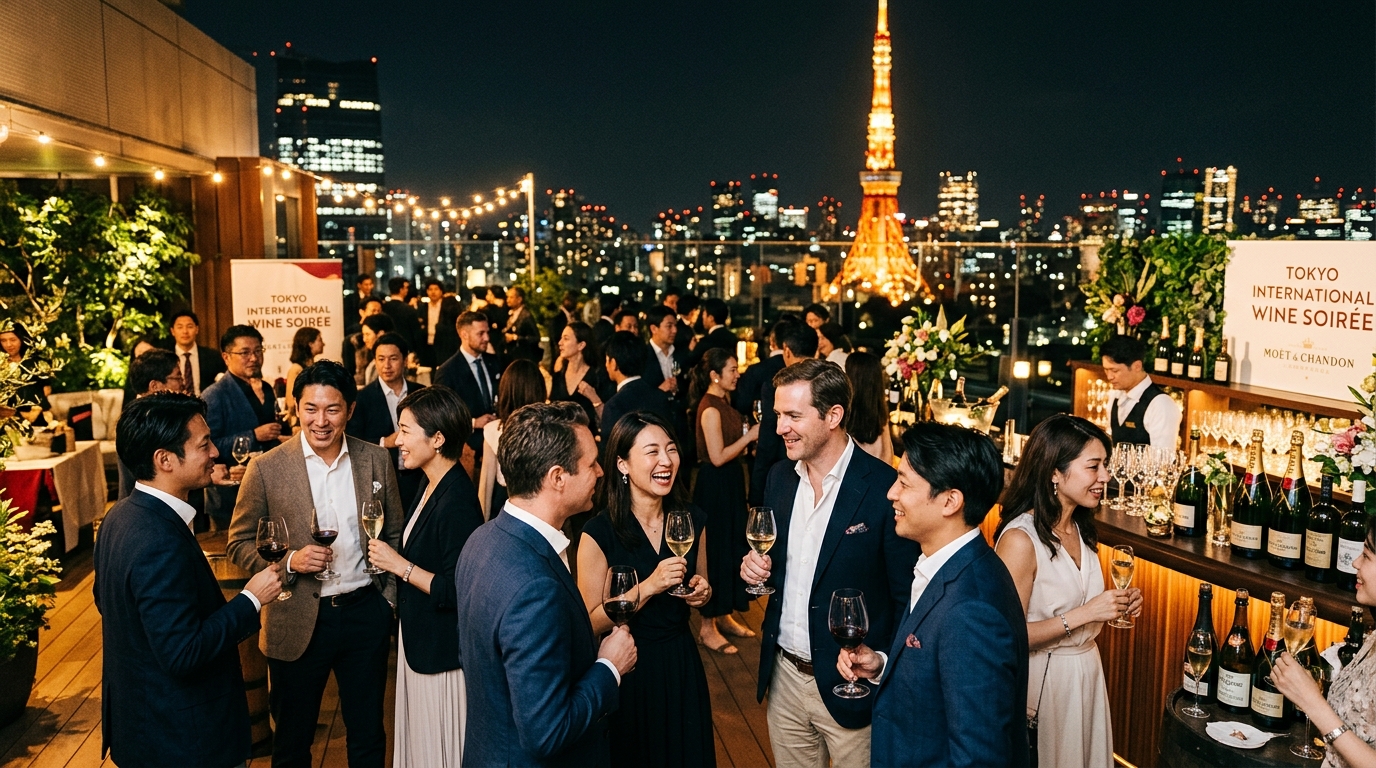 六本木の国際色豊かなワインイベントの夜景