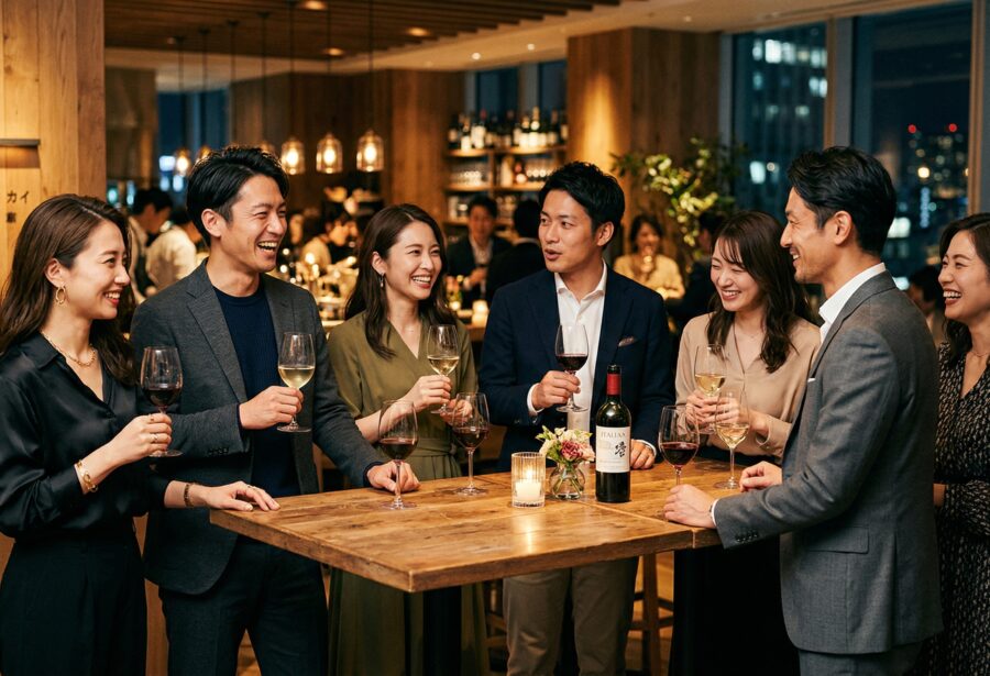 独身限定ワイン会の華やかなパーティーシーン
