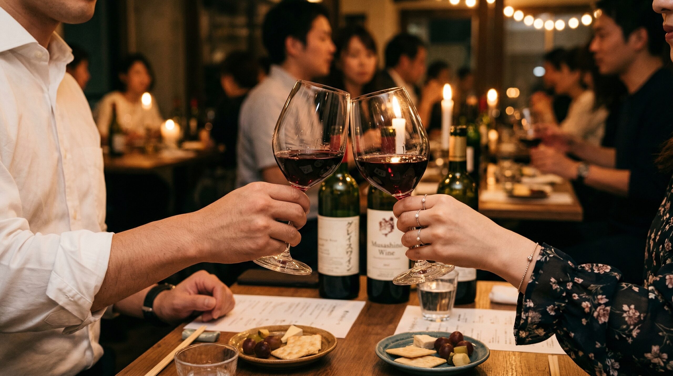 ワイングラスで乾杯する二人の手元