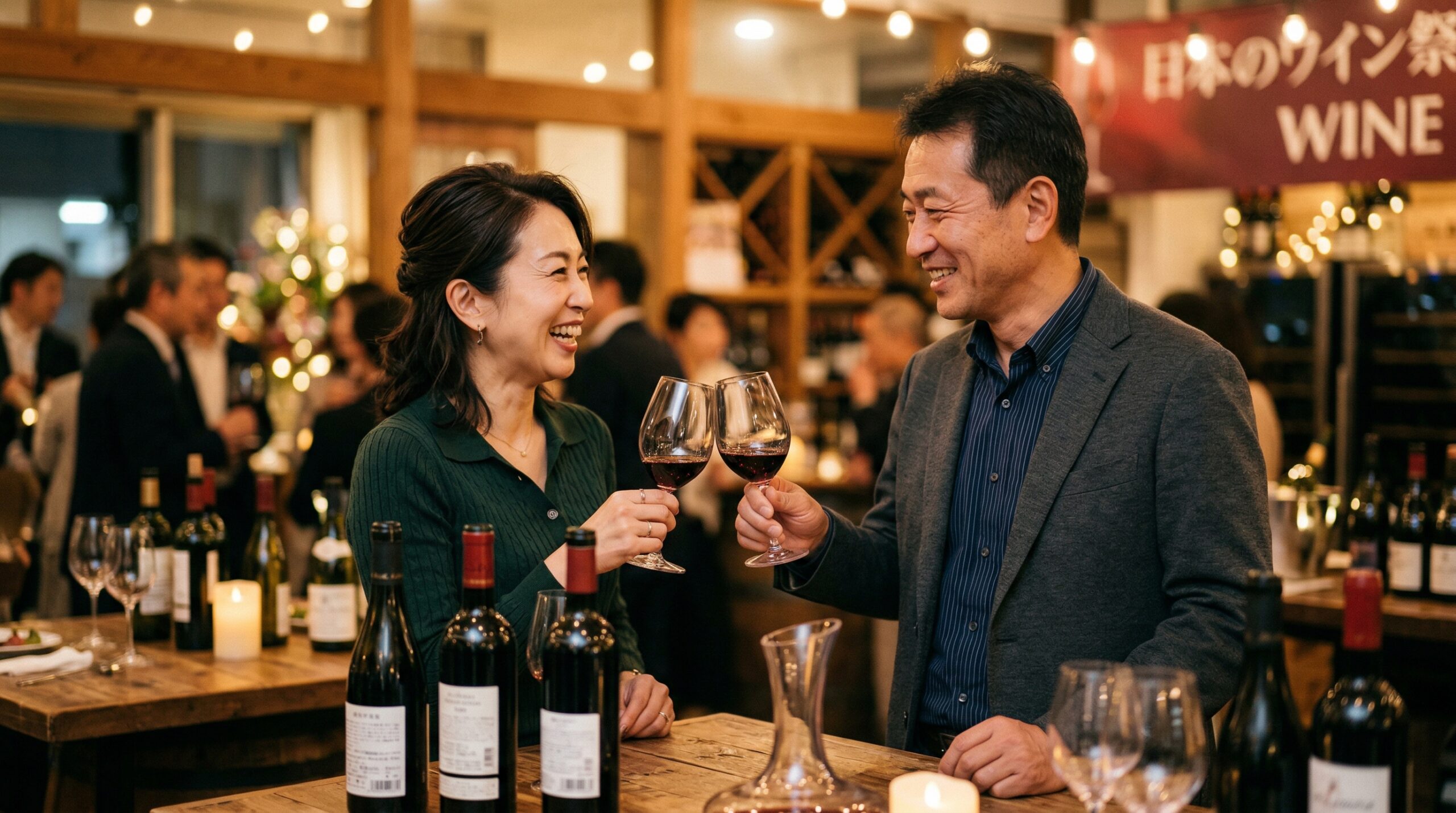 ワイングラスで乾杯する二人の手元