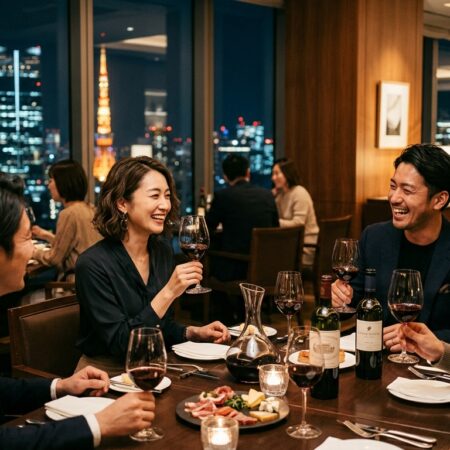 東京の洗練されたワインパーティーの風景