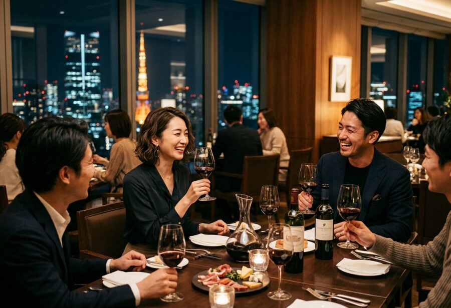 東京の洗練されたワインパーティーの風景