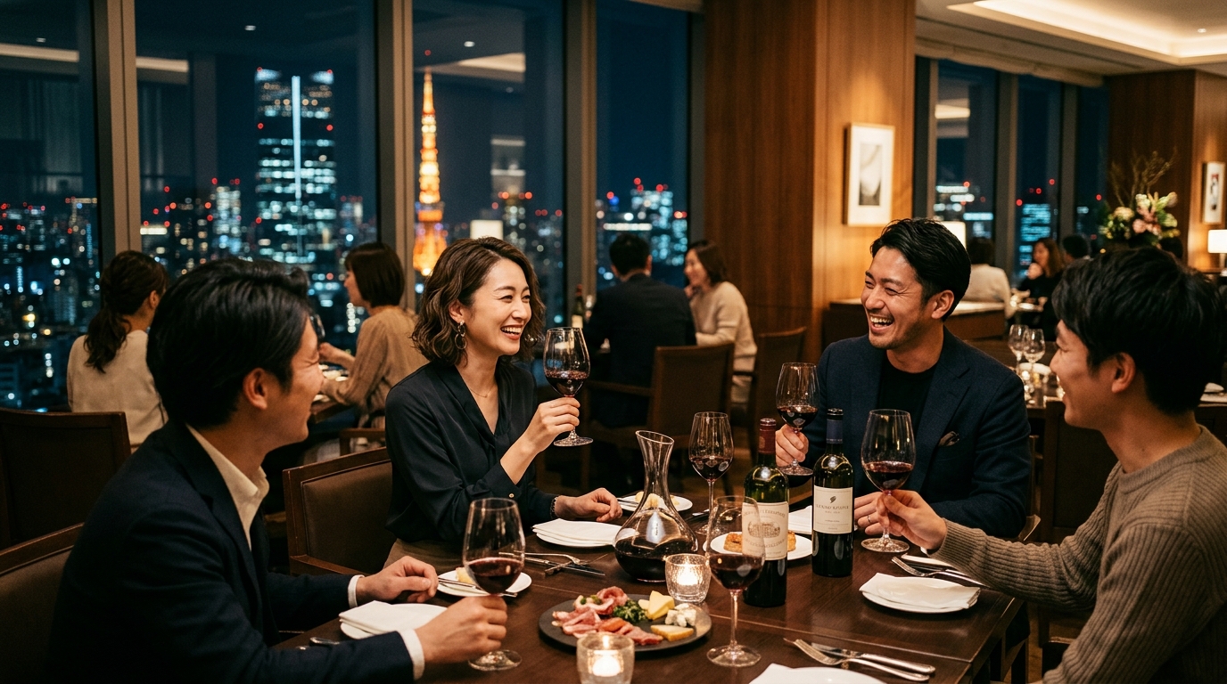 東京の洗練されたワインパーティーの風景