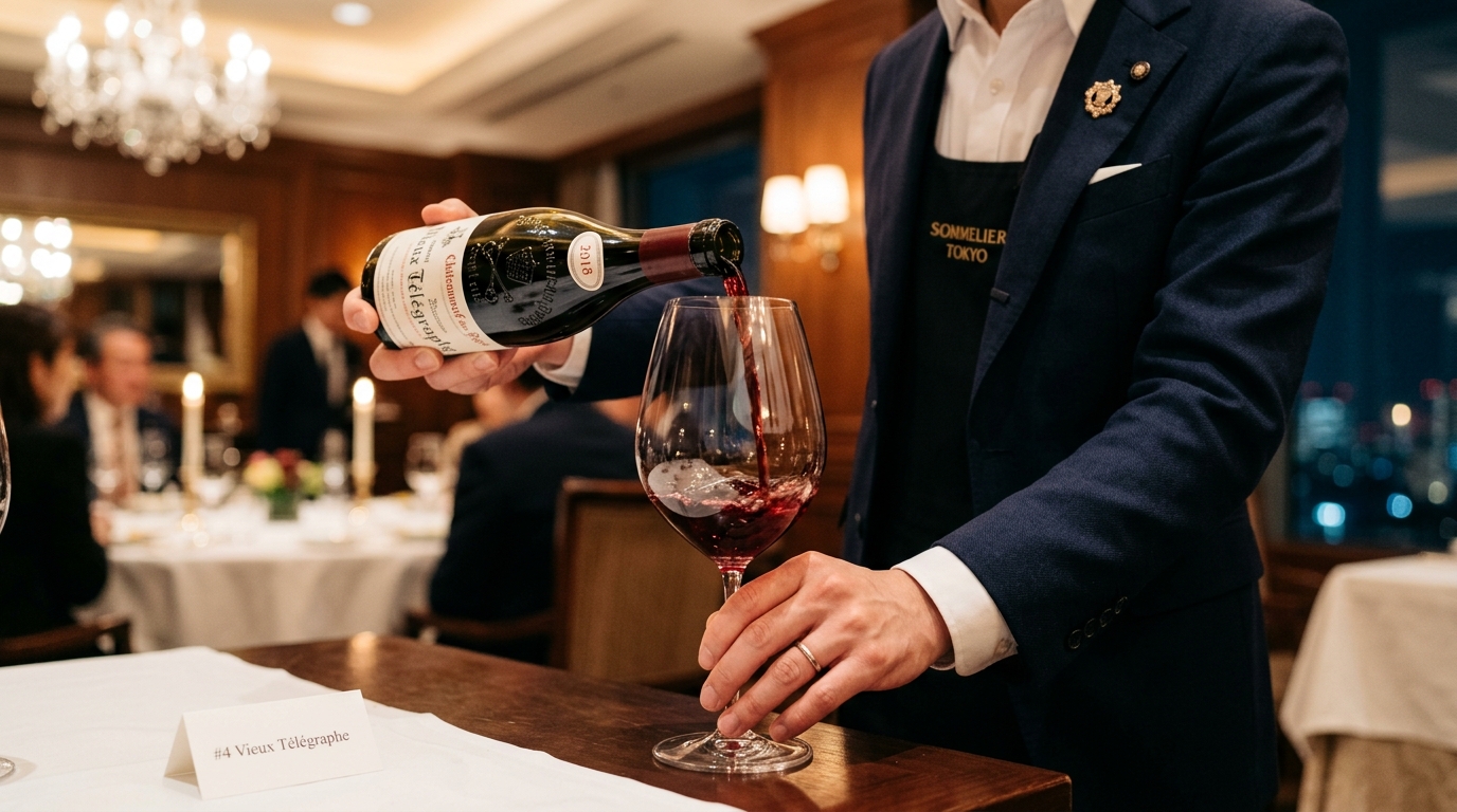 ソムリエがクリスタルグラスに赤ワインを注ぐ瞬間