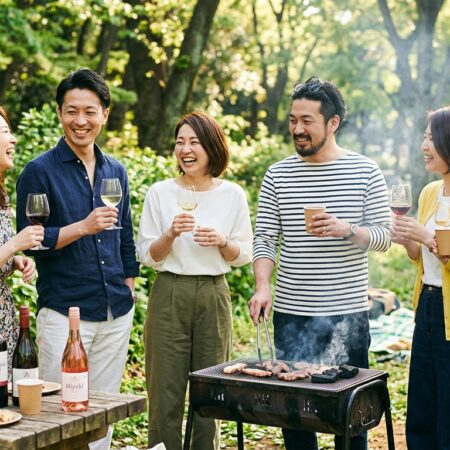 新緑の公園でBBQグリルを囲みながらワインを楽しむ日本人グループの情景