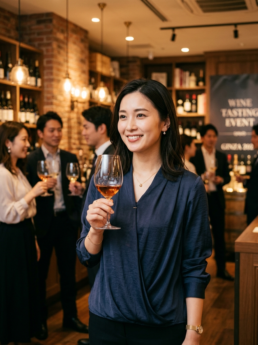 ワイン会でマナーを守りながらスマートにワインを楽しむ日本人の女性