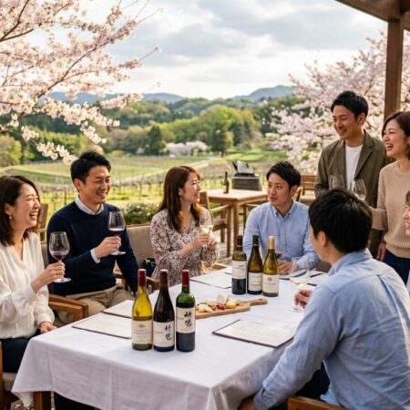 GWの開放的なテラスでワインを楽しむ日本人の男女グループ