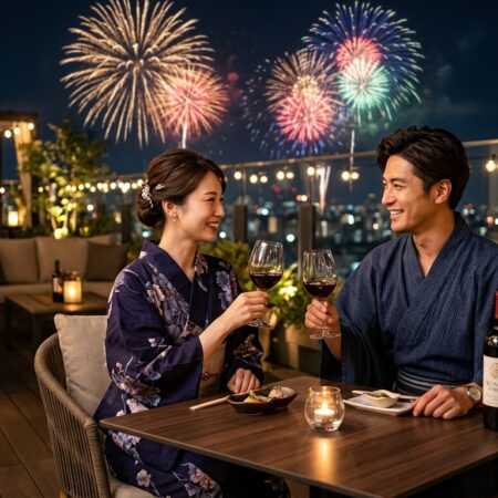 浴衣姿でワインを楽しむ日本人男女と花火の夜
