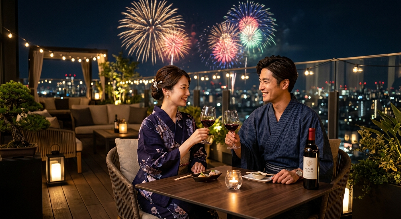 浴衣姿でワインを楽しむ日本人男女と花火の夜