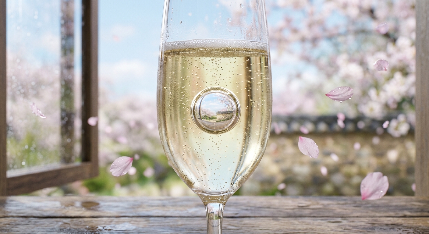 A single bubble in sparkling wine reflecting a spring sky and cherry blossoms