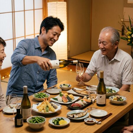 帰省先での家族団らんとワイン
