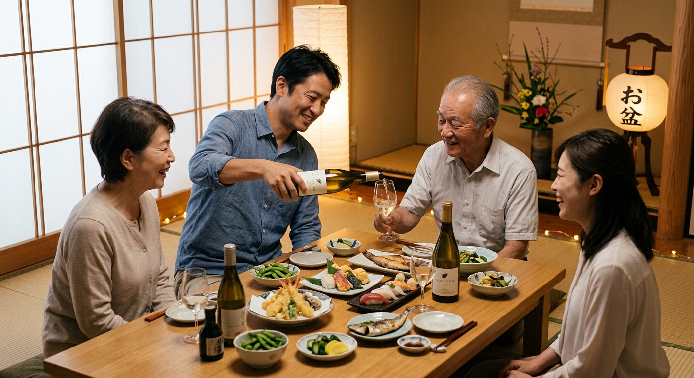 帰省先での家族団らんとワイン