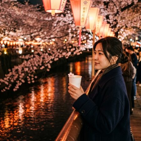 目黒川の夜桜と紙コップの白ワイン