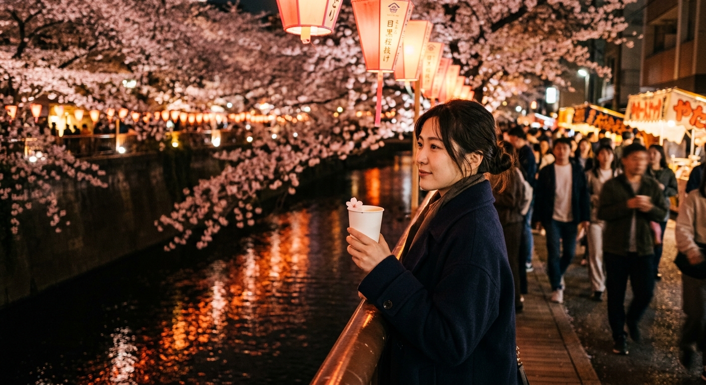 目黒川の夜桜と紙コップの白ワイン