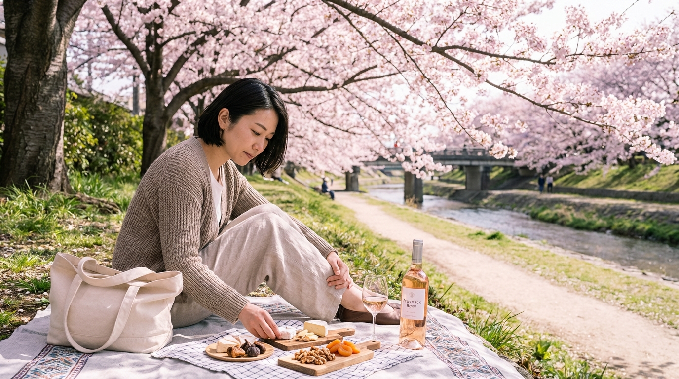 桜の下でロゼワインを楽しむ花見の朝