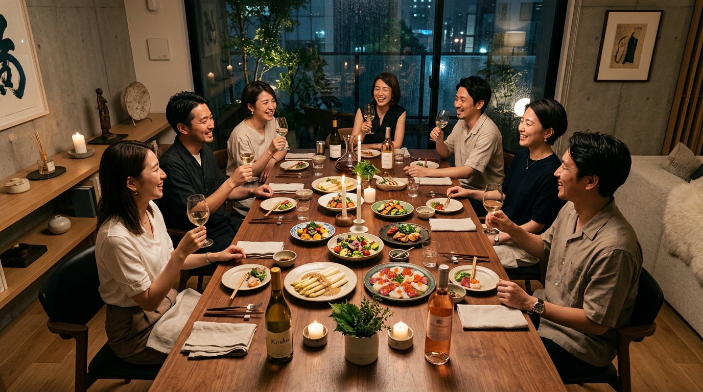 洗練されたリビングでのホームパーティー料理とワイン