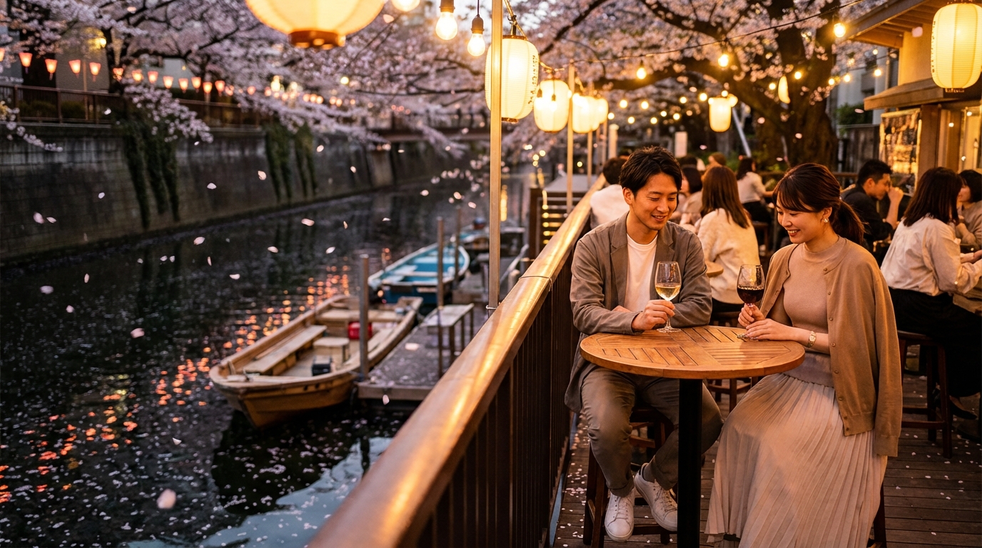 散りぎわの桜の下、テラス席でワインを傾ける夜の情景