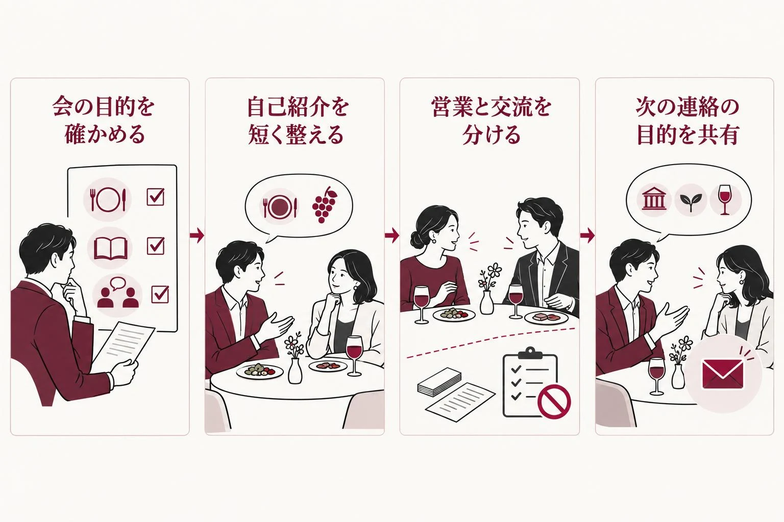 仕事を離れて交流するワイン会を考える流れ。会の目的を確かめる、次に自己紹介を短く整える、次に営業と交流を分ける、次に次の連絡の目的を共有