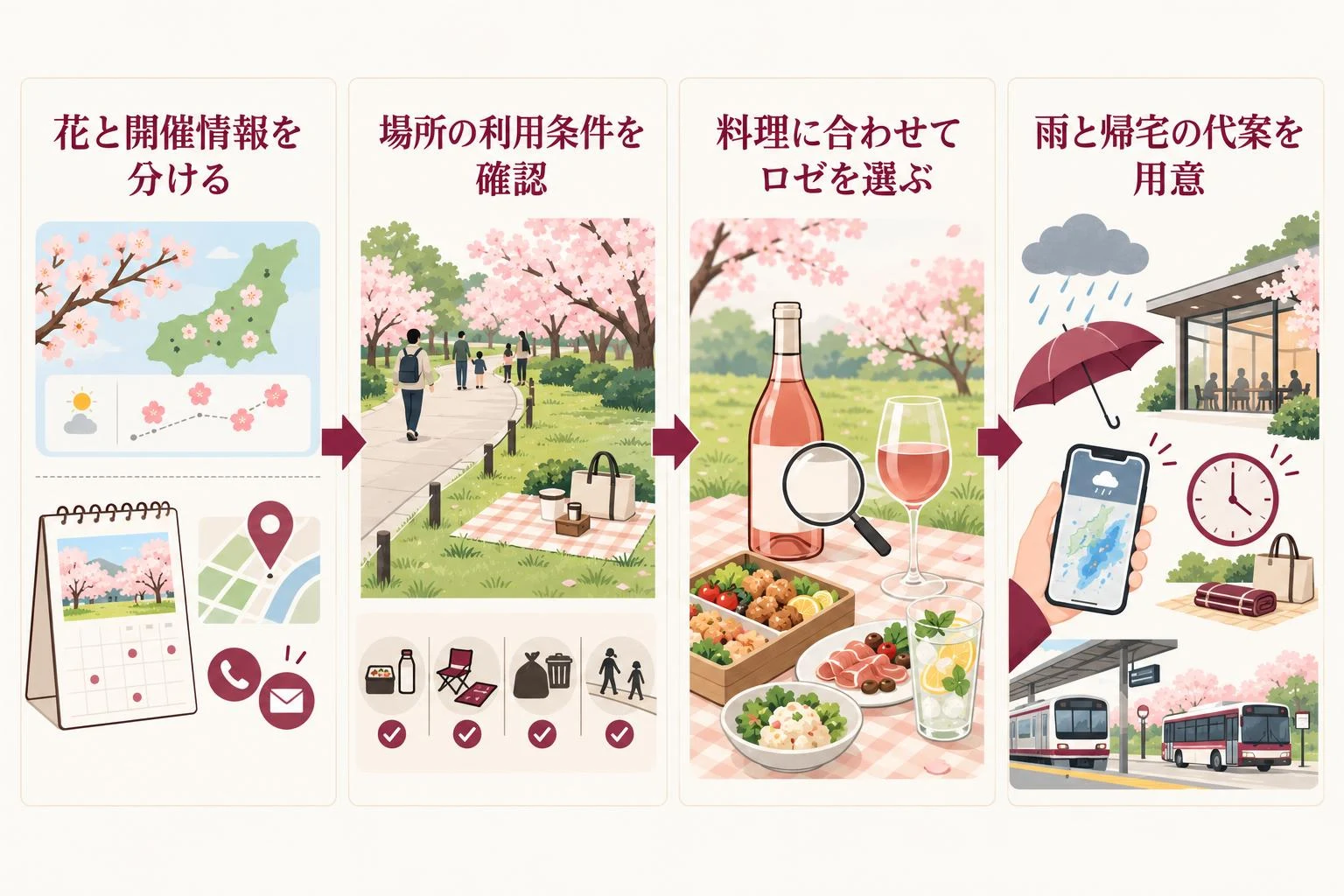春のお花見とロゼを考える流れ。花と開催情報を分ける、次に場所の利用条件を確認、次に料理に合わせてロゼを選ぶ、次に雨と帰宅の代案を用意