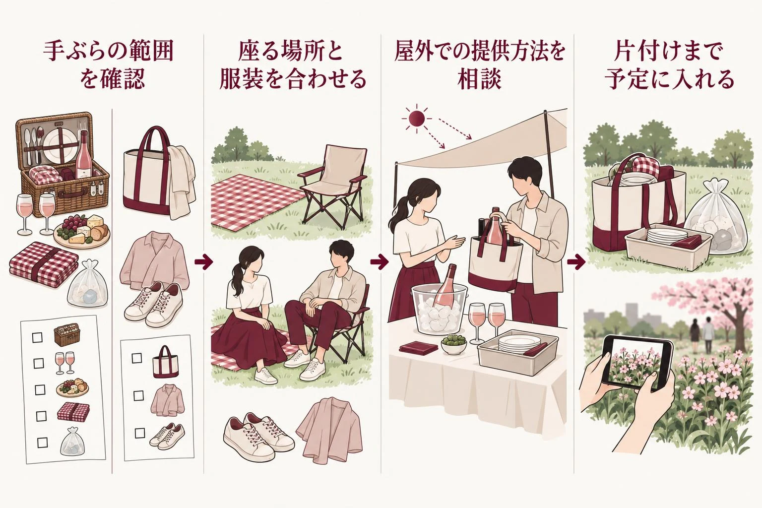 桜とロゼのピクニックを考える流れ。手ぶらの範囲を確認、次に座る場所と服装を合わせる、次に屋外での提供方法を相談、次に片付けまで予定に入れる