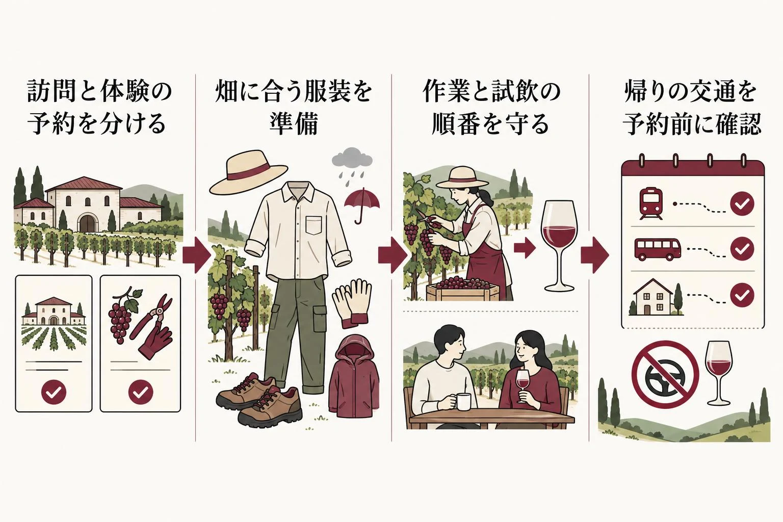 秋の収穫祭とワイナリー訪問を考える流れ。訪問と体験の予約を分ける、次に畑に合う服装を準備、次に作業と試飲の順番を守る、次に帰りの交通を予約前に確認