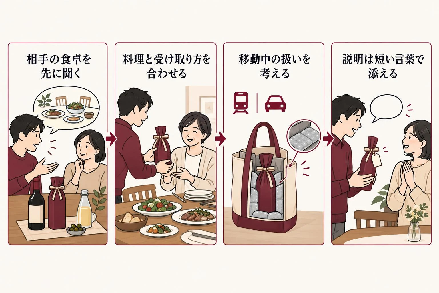 帰省のワインギフトを考える流れ。相手の食卓を先に聞く、次に料理と受け取り方を合わせる、次に移動中の扱いを考える、次に説明は短い言葉で添える